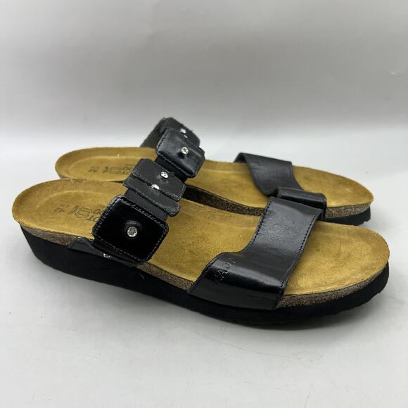 Naot Ashley Sandals Women Size 11 Black Leather Slide Wedge Comfort Cork Footbed - Picture 1 of 8